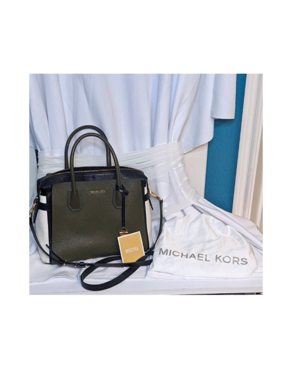 Michael Kors Olive Green Pebbled Leather Satchel Crossbody Colorblock Gold Hardw